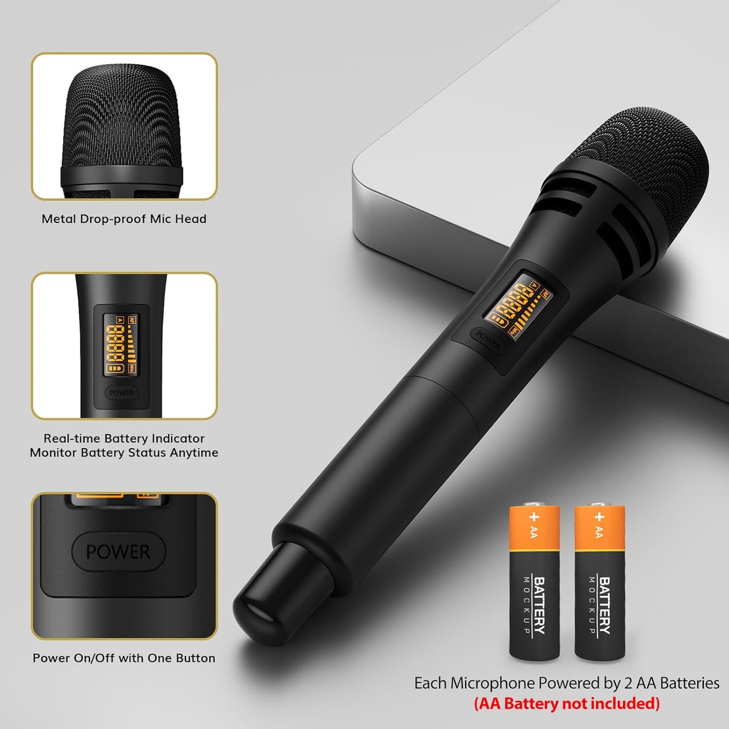 TONOR Wireless Microphones, UHF Dual Karaoke Microphone System, Microfonos Inalambricos with Rechargeable Receiver, Cordless Dynamic Mic for Singing, Wedding, DJ, Party, Speech TW320 Grey - PuriLite