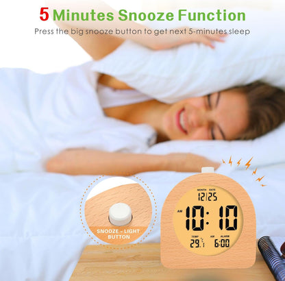 Plumeet Wooden Digital Alarm Clock for Bedrooms, Wood 4'' Battery Powered Alarm Clock with Snooze and Nightlight, Electronic LCD Desk Clock Display Time, Date, Temp, 12/24H, Wood Décor (Sapele, 3.2'') - PuriLite