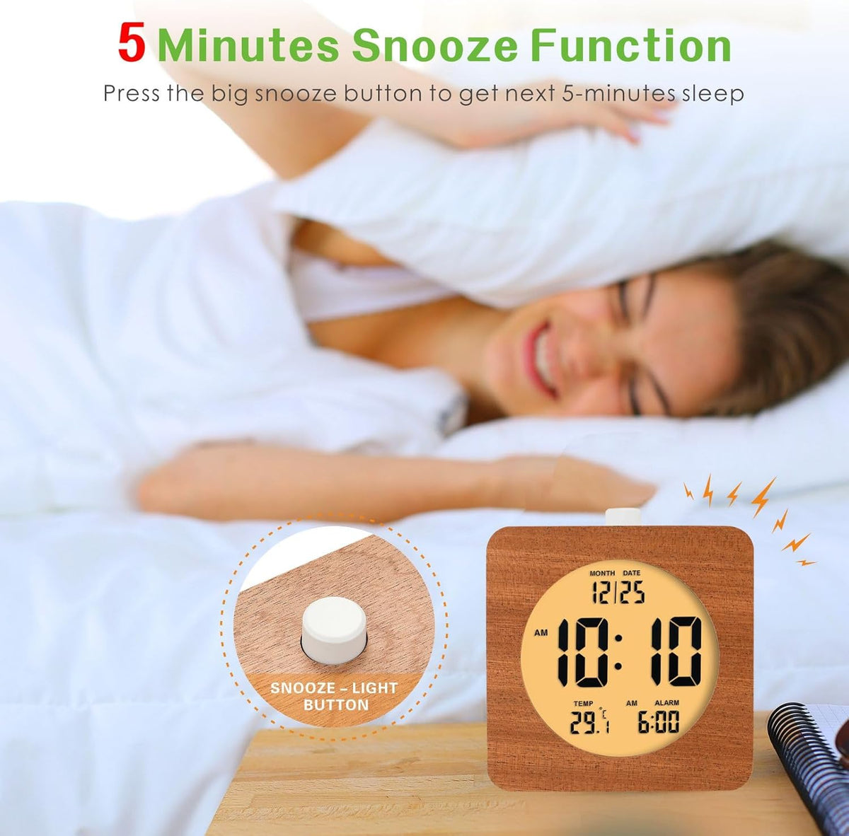 Plumeet Wooden Digital Alarm Clock for Bedrooms, Wood 4'' Battery Powered Alarm Clock with Snooze and Nightlight, Electronic LCD Desk Clock Display Time, Date, Temp, 12/24H, Wood Décor (Sapele, 3.2'') - PuriLite