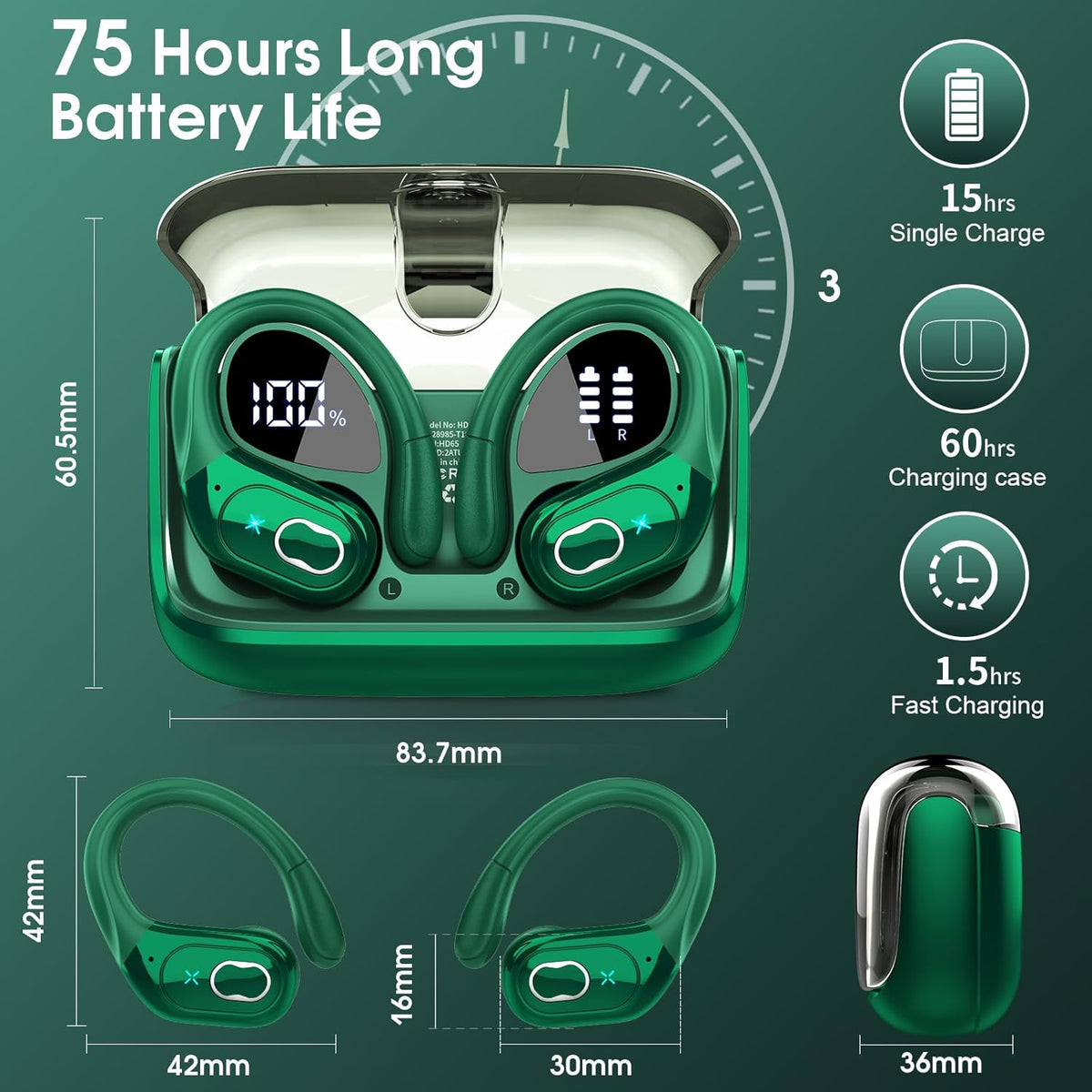STECEi Wireless Earbuds 75hrs Bluetooth 5.4 Headphone Sport, Bluetooth Earbuds HiFi Stereo Over Ear Bud with Earhooks, ENC Noise Cancelling Mic, IP7 Waterproof Wireless Earphone for Workout/Running - PuriLite