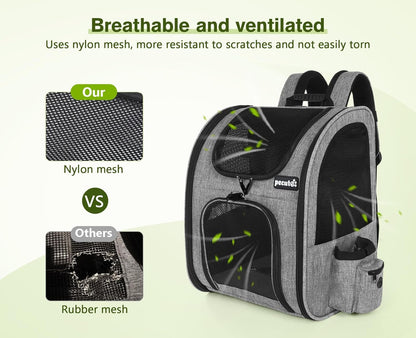 Pecute Cat Backpack with Breathable Mesh, Dog Backpack Carrier with Multi-Pockets for Cats Puppies, Pet Backpack Carrier for Travel Hiking Camping Outdoor （Gray） - PuriLite