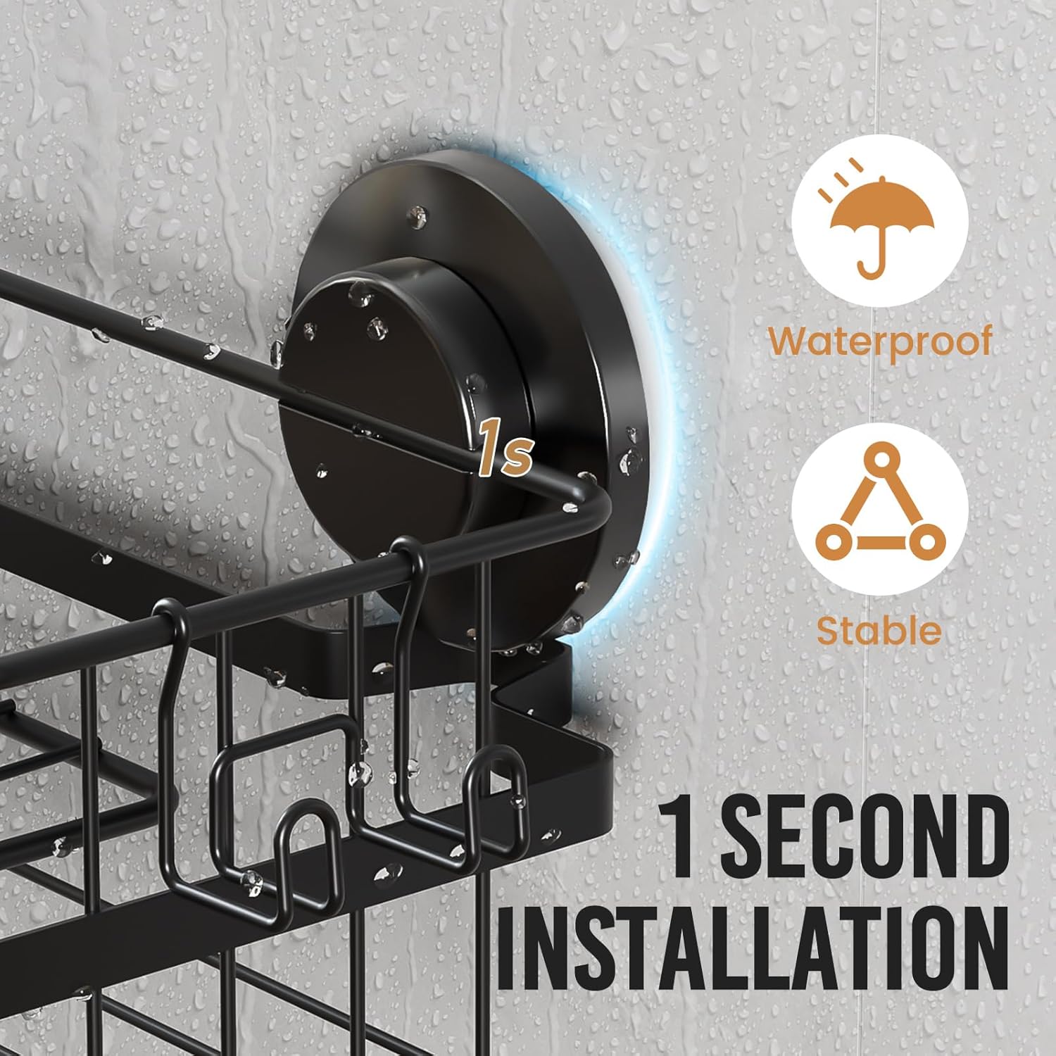 LEVERLOC Shower Caddy Suction Cup, 2 Pack Black Shower Shelf with Hooks and Soap Holder, NO-Drilling Bathroom Organizer, Rustproof Metal Bathroom Storage and Organization - PuriLite