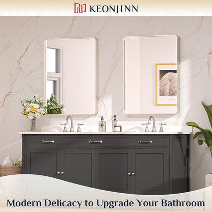 Keonjinn 42 x 36 Brushed Nickel Bathroom Vanity Mirror, Large Rounded Rectangle Bathroom Mirrors for over Sink, Metal Framed Silver Mirror for Wall, Shatterproof HD Tempered Glass(Horizontal/Vertical) - PuriLite