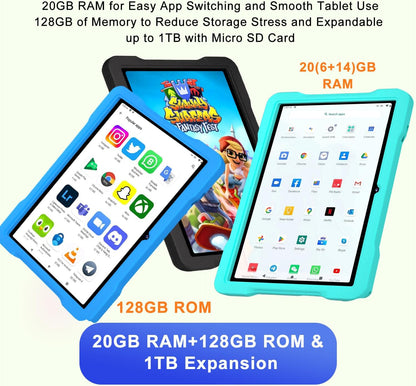 Kids Tablet Android 14 Tablet, 2025 Newest 10.1 inch Tablets, 20GB+128GB/1TB Expandable, Tablets with WiFi 6, Octa-Core, Widevine L1, Parental Control, Dual Camera, Bluetooth 5.0, Tablet EVA - Blue - PuriLite