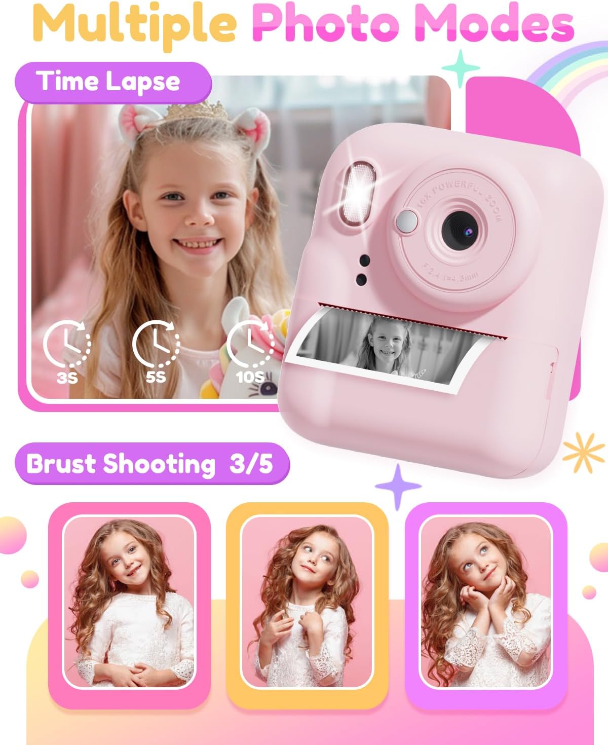 Pussan Kids Camera Instant Print, 1080P Instant Print Camera Toys for 3-12 Year Old Girls, Christmas Birthday Gifts for Age 3 4 5 6 7 Girls, Kids Digital Camera Toys with 3 Rolls Print Paper-Pink - PuriLite