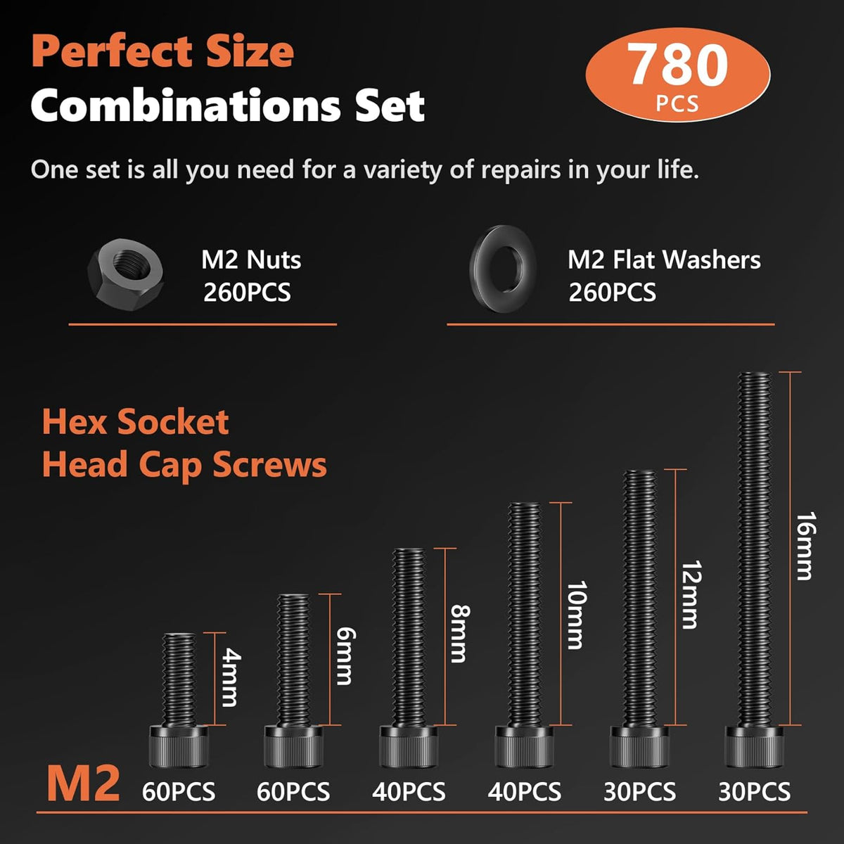 360Pcs M4 Screw Assortment Kit, Bolts Screws Nuts Kit, M4*6/8/12/16/20/30mm Metric Hex Socket Head Cap Bolts, 12.9 Grade Alloy Steel Black Screws with Wrench for 3D Printer, Black Zinc Plated - PuriLite