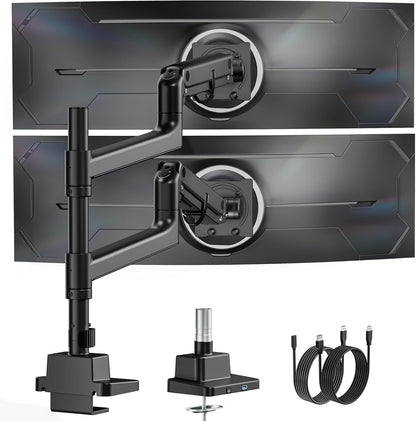 monTEK 17-57 Inch Dual Ultrawide Monitor Arm for Up to 59.4lbs Screen, Aluminum Heavy-Duty Gas Spring Vertical Stackable Curved Screen Adjustable Monitor Stand,75/100mm Vesa Mount, Black - PuriLite