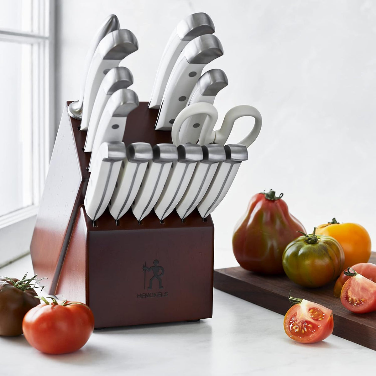 HENCKELS Statement 15Piece White-Handled Knife Block Set with Shears, Sharpening Steel - Dishwasher Safe, Ergonomic Handle - PuriLite
