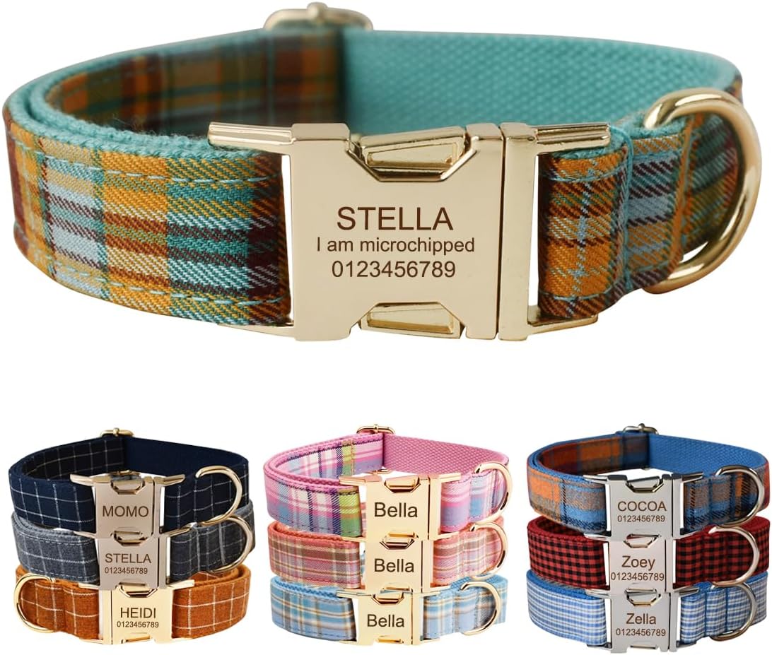 Custom Dog Collar with Metal Buckle - Pet Collars Personalized with Name and Phone Number (Plaid) - PuriLite