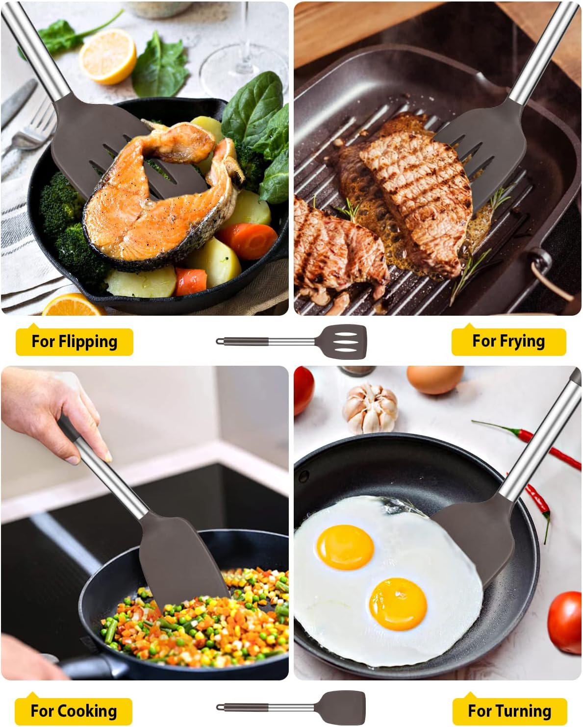 Pack of 2 Silicone Slotted Spatula,Non Stick Solid Kitchen Turner, High Heat Resistant BPA Free Cooking Utensils for Fish, Eggs, Pancakes（Black - PuriLite
