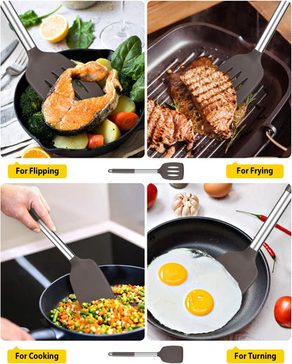 Pack of 2 Silicone Slotted Spatula,Non Stick Solid Kitchen Turner, High Heat Resistant BPA Free Cooking Utensils for Fish, Eggs, Pancakes（Black - PuriLite