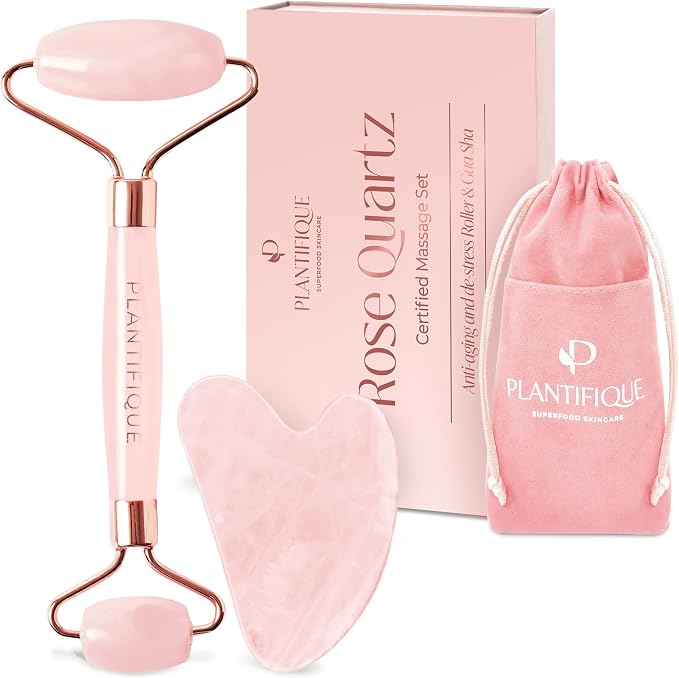 Plantifique Rose Quartz Gua Sha Facial Tool and Face Roller Set - Anti Aging Guasha Tool for Face, Eyes, Neck Massager for Lymphatic Drainage - Rouleau Visage