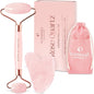 Plantifique Rose Quartz Gua Sha Facial Tool and Face Roller Set - Anti Aging Guasha Tool for Face, Eyes, Neck Massager for Lymphatic Drainage - Rouleau Visage