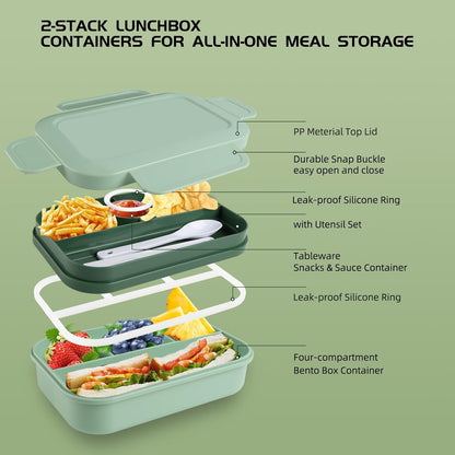 Bento Box Adult Lunch Box - 2000 ML Stackable with 8 Compartments, Leak-Proof, Built-in Sauce Container, Utensils, Microwave/Dishwasher/Freezer Safe - Blue - PuriLite