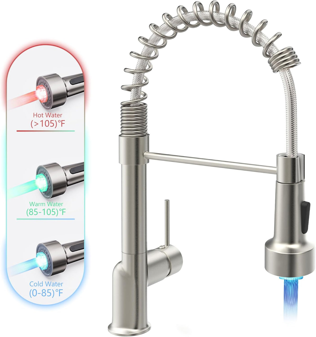 GIMILI Matte Black Kitchen Faucet with LED Light,Single Hole Spring Kitchen Sink Faucet with Pull Down Sprayer - PuriLite