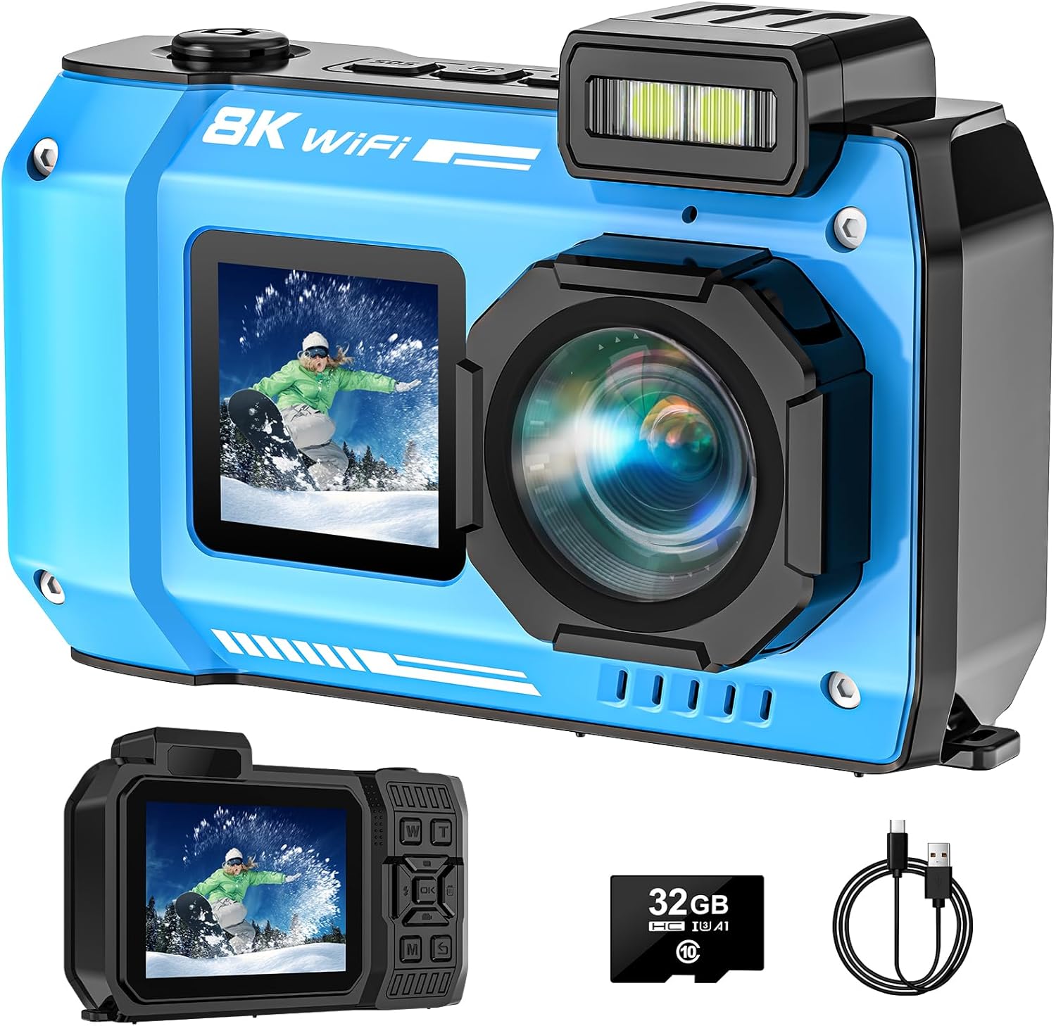 UHD 8K Underwater Camera, 70MP 33FT WiFi Waterproof Digital Camera with 64GB Card, Auto Focus Waterproof Dual-Screen Selfie 2500mAh Battery, 18X Floatable Digital for Snorkeling - PuriLite