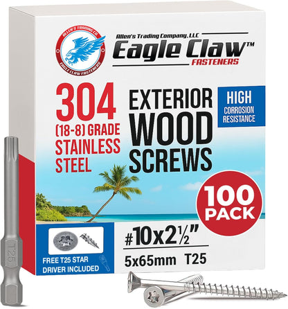 #10 x 3 Inch Stainless Steel Deck Screws 350 Pieces | T25 Star Torx Drive Flat Head | 304 Grade Stainless Steel Wood Screws High Corrosion Resistance by Allen's Trading Co. Eagle Claw Fasteners - PuriLite