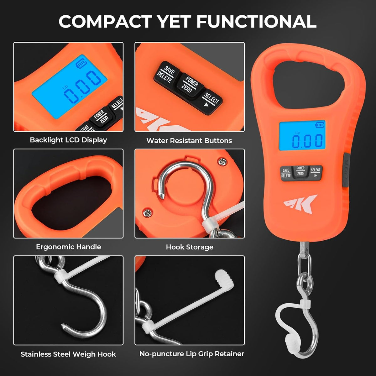 KastKing Fish Scale, LCD Display USB Charging Fishing Scale, Fishing Gifts for Men, Orange - PuriLite