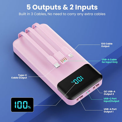 Power Bank 40800mAh Portable Charger with 3 Built-in Cable,25W PD USB C in&Out Power Bank Fast Phone Charging,QC4.0 LED Display Portable Battery Pack Compatible with iPhone 16/15,Samsung Android-Black - PuriLite
