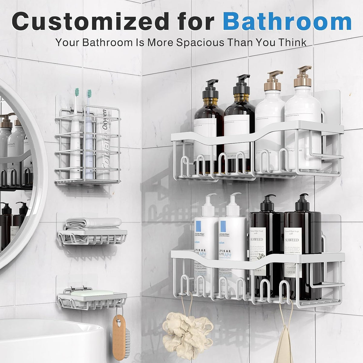 EUDELE 5-Pack Rustproof Stainless Steel Shower Caddy – No Drill Adhesive Bathroom Organizer with Large Capacity, Spacious Shower Shelves for Inside Shower, Kitchen & Home Decor Storage - PuriLite