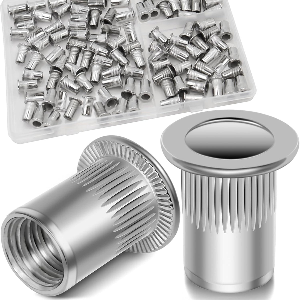 Vifmy Metric & SAE Rivet Nut Assortment Kit(420 Pcs),m3 m4 m5 m6 m8 m10 m12#6-32#8-32#10-24 1/4"-20 5/16"-18 3/8"-16 UNC Flat Head Rivnut Set,Zinc Plated Finish Carbon Steel Nutsert - PuriLite