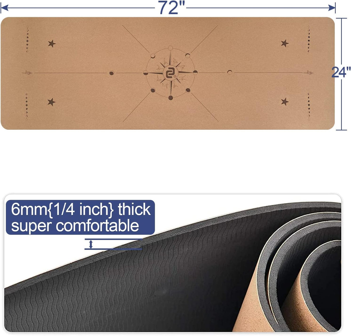 Numat Cork Yoga Mat 6mm (1/4 inch) Thick 72 x 24 in, Sweatproof NonSlip Eco-friendly, Lightweight TPE foam with Alignment Lines, Great for Hot Yoga, Pilates, Gym and Exercise, Black Carrying Bag w.