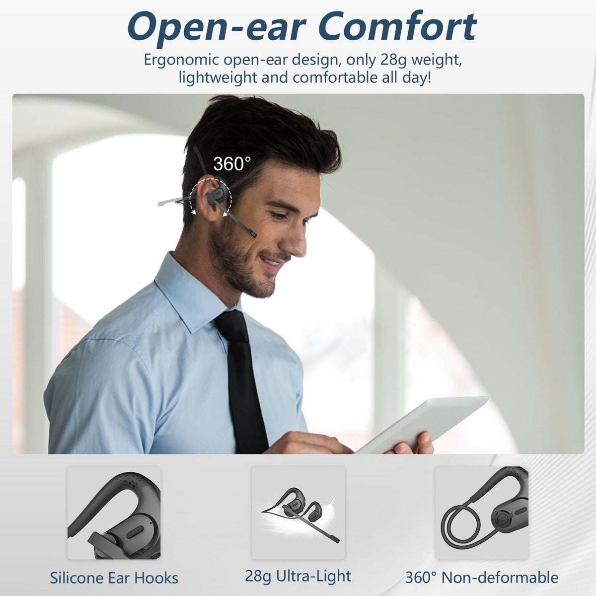 BANIGIPA Bluetooth Headset with Removable Microphone, Noise Cancelling Wireless Headset for Phones Laptop Computer PC, Open Ear Headphones for Office Meeting Running Cycling Driving Working-12 Hrs - PuriLite