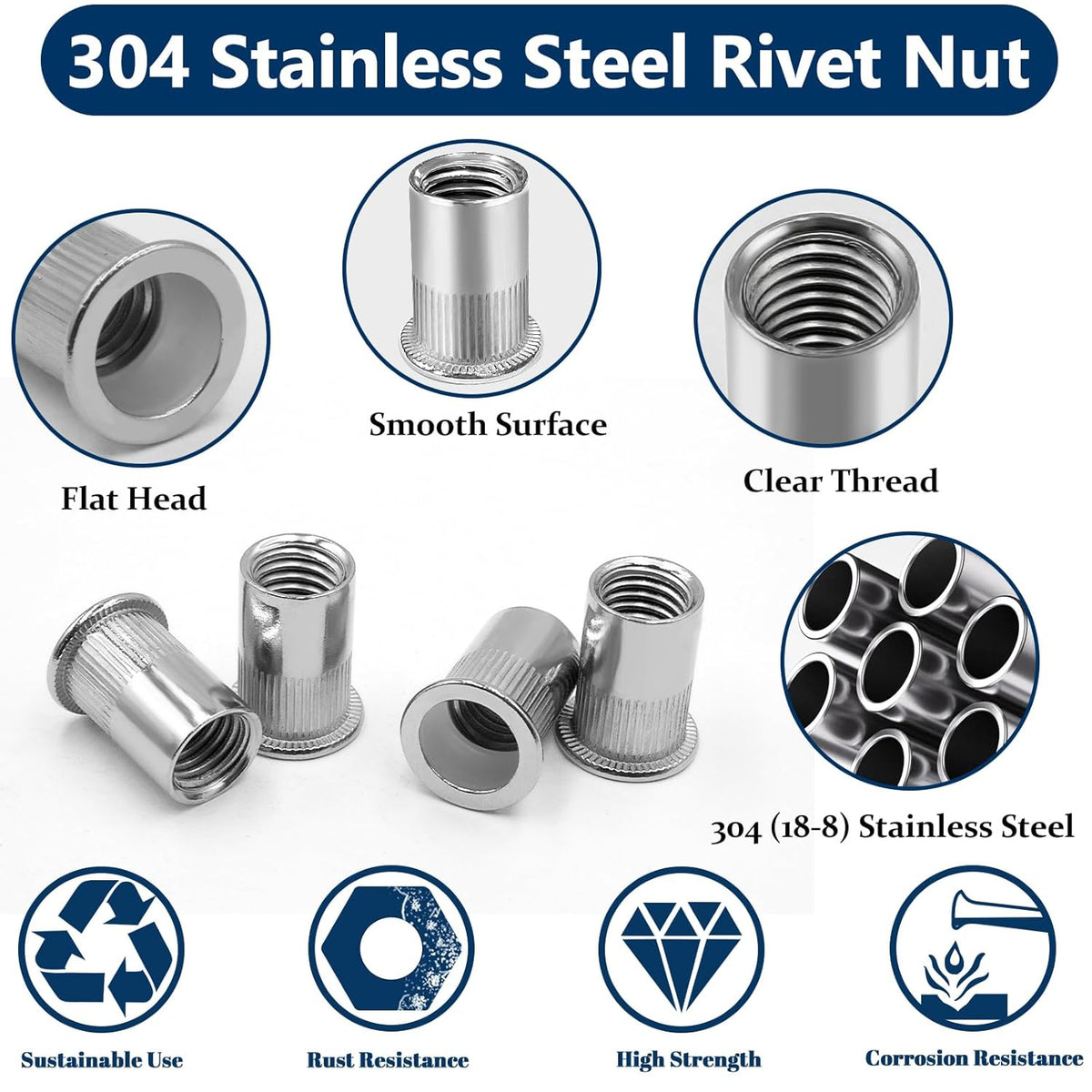 Vifmy Metric & SAE Rivet Nut Assortment Kit(420 Pcs),m3 m4 m5 m6 m8 m10 m12#6-32#8-32#10-24 1/4"-20 5/16"-18 3/8"-16 UNC Flat Head Rivnut Set,Zinc Plated Finish Carbon Steel Nutsert - PuriLite