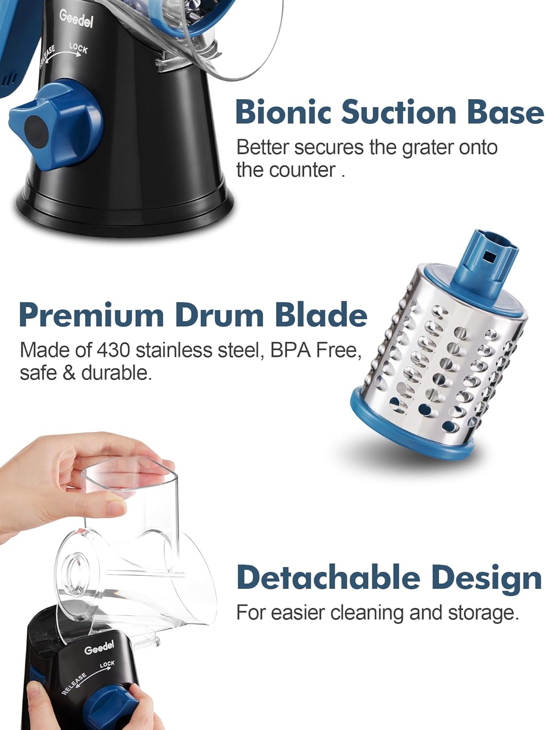 Geedel Kitchen Cheese Grater, Rotary Mandoline Vegetable Slicer with Interchangeable Blades, Easy to Use Rotary Grater Slicer for Fruit, Vegetables, Nuts - PuriLite
