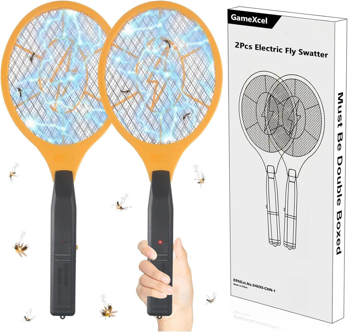 2 Pack Bug Zapper Electric Fly Swatter Zapper - Indoor Outdoor Zapping Racket for Pest Control - Safe to Touch with 3-Layer Safety Mesh - PuriLite