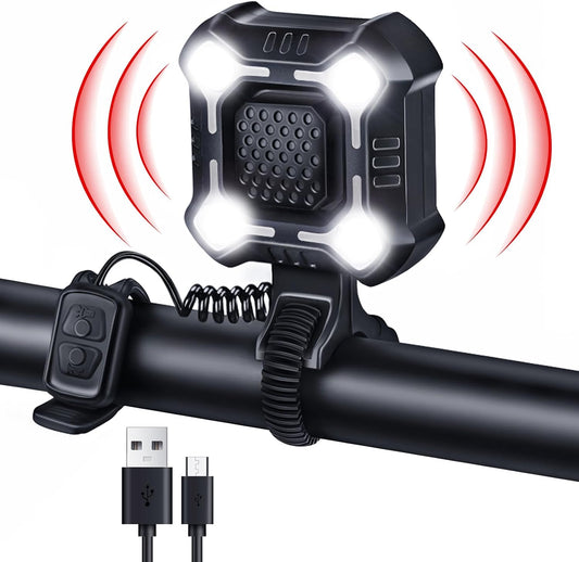 EQIIO 140dB Electric Bike Horn with Headlight, 2 in 1 Bicycle Horn 6 Sound Modes USB-C Rechargeable, Bike Bell with Large Range Floodlight Bike Horn for Adults Kids Bike Scooter Ebike, IPX6 Waterproof - PuriLite