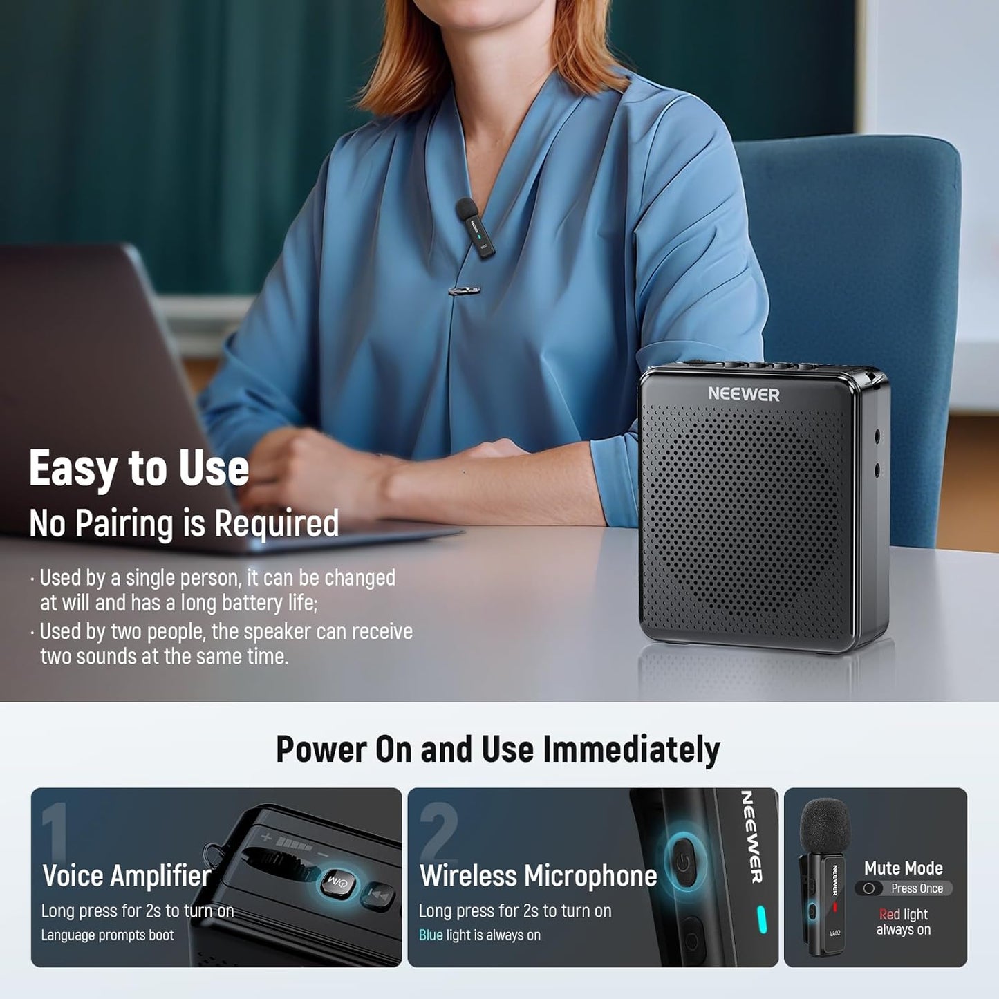 NEEWER VA01 Voice Amplifier with Wired Headset Microphone, Speaker, Shoulder Strap, AUX Output, USB C Rechargeable Portable Sound Amplifier with Mic 14Hrs Battery for Teachers, Trainers, Tour Guides - PuriLite