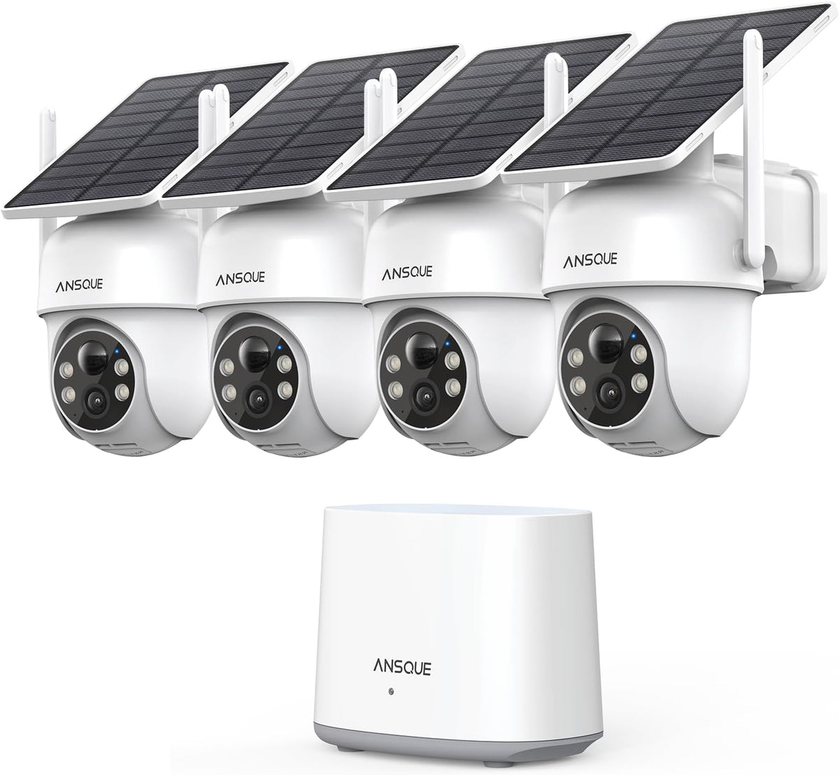ANSQUE Solar Security Cameras Wireless Outdoor, 4-Cam Kit, No Monthly Fee, 2K Color Night Vision with Solar Panel, Local Storage, 360° View, Auto Tracking - PuriLite