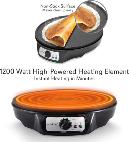 NutriChef Electric Crepe Maker, Cooks Roti, Tortillas, Pancakes, Nonstick Cooktop, 8-inch Cook Area On/Off Switch, Automatic Temperature Control & Cool Touch Handle, Includes Food Bowl, Whisk, Spatula - PuriLite