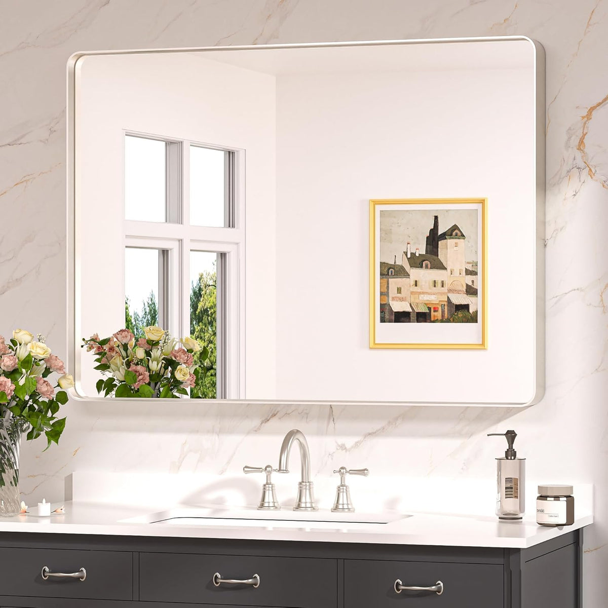 Keonjinn 42 x 36 Brushed Nickel Bathroom Vanity Mirror, Large Rounded Rectangle Bathroom Mirrors for over Sink, Metal Framed Silver Mirror for Wall, Shatterproof HD Tempered Glass(Horizontal/Vertical) - PuriLite