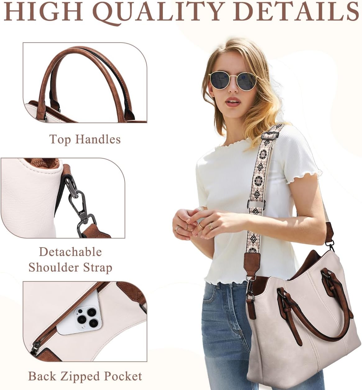 Hobo Bags for Women,VASCHY Vegan Leather Handbag Purse Top Handle Satchel Boho Shoulder Bag with Crossbody Guitar Strap - PuriLite