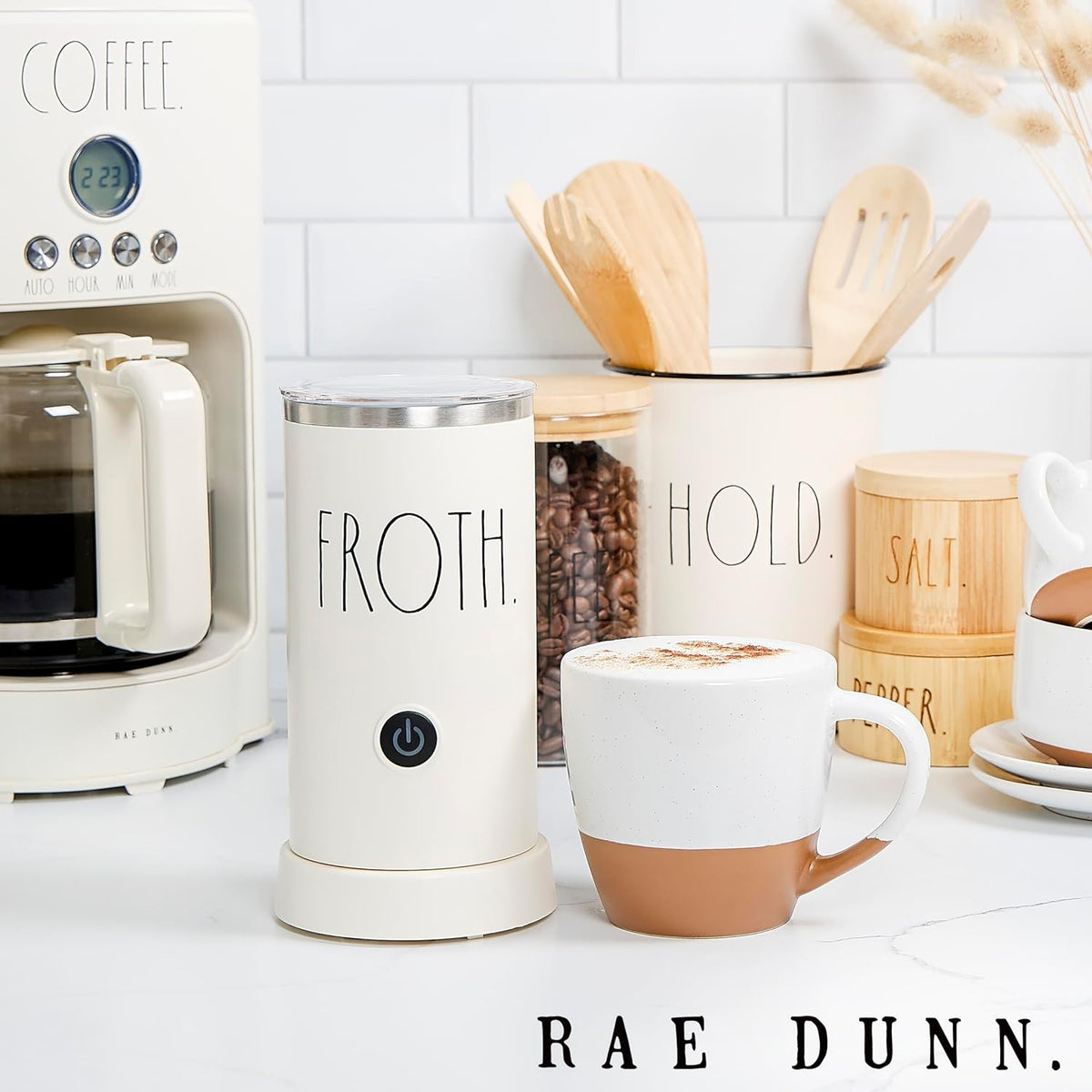 Rae Dunn - Electric Milk Frother - Elegant Automatic Milk Steamer and Frother, Milk Warmer, Hot and Cold Frothing Machine for Coffee, Latte, Cappuccino, Macchiato, - PuriLite