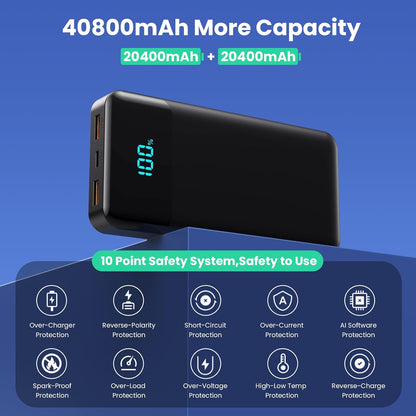 Power Bank 40800mAh Portable Charger with 3 Built-in Cable,25W PD USB C in&Out Power Bank Fast Phone Charging,QC4.0 LED Display Portable Battery Pack Compatible with iPhone 16/15,Samsung Android-Black - PuriLite