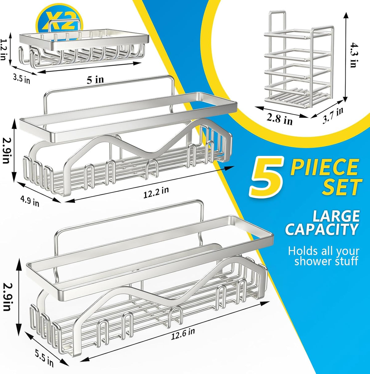 Coraje Adhesive Shower Caddy, 5-Pack Shower Shelves, Large Capacity Load Bearing 40 LBS Shower Organizer, No Drilling Shower Shelf, Rustproof Stainless Steel Bathroom Shower Storage, Black - PuriLite