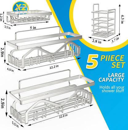 Coraje Adhesive Shower Caddy, 5-Pack Shower Shelves, Large Capacity Load Bearing 40 LBS Shower Organizer, No Drilling Shower Shelf, Rustproof Stainless Steel Bathroom Shower Storage, Black - PuriLite