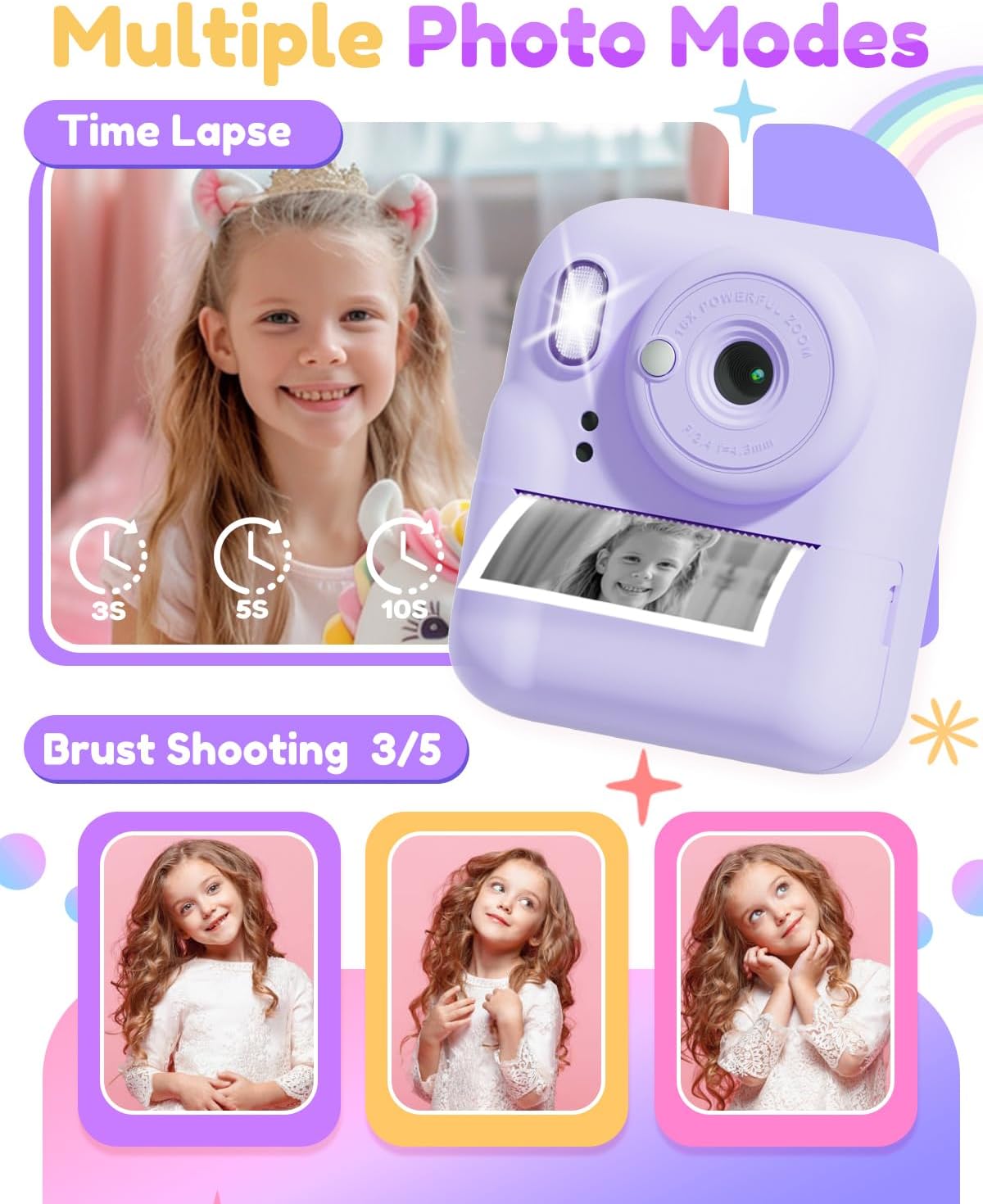 Pussan Kids Camera Instant Print, 1080P Instant Print Camera Toys for 3-12 Year Old Girls, Christmas Birthday Gifts for Age 3 4 5 6 7 Girls, Kids Digital Camera Toys with 3 Rolls Print Paper-Pink - PuriLite