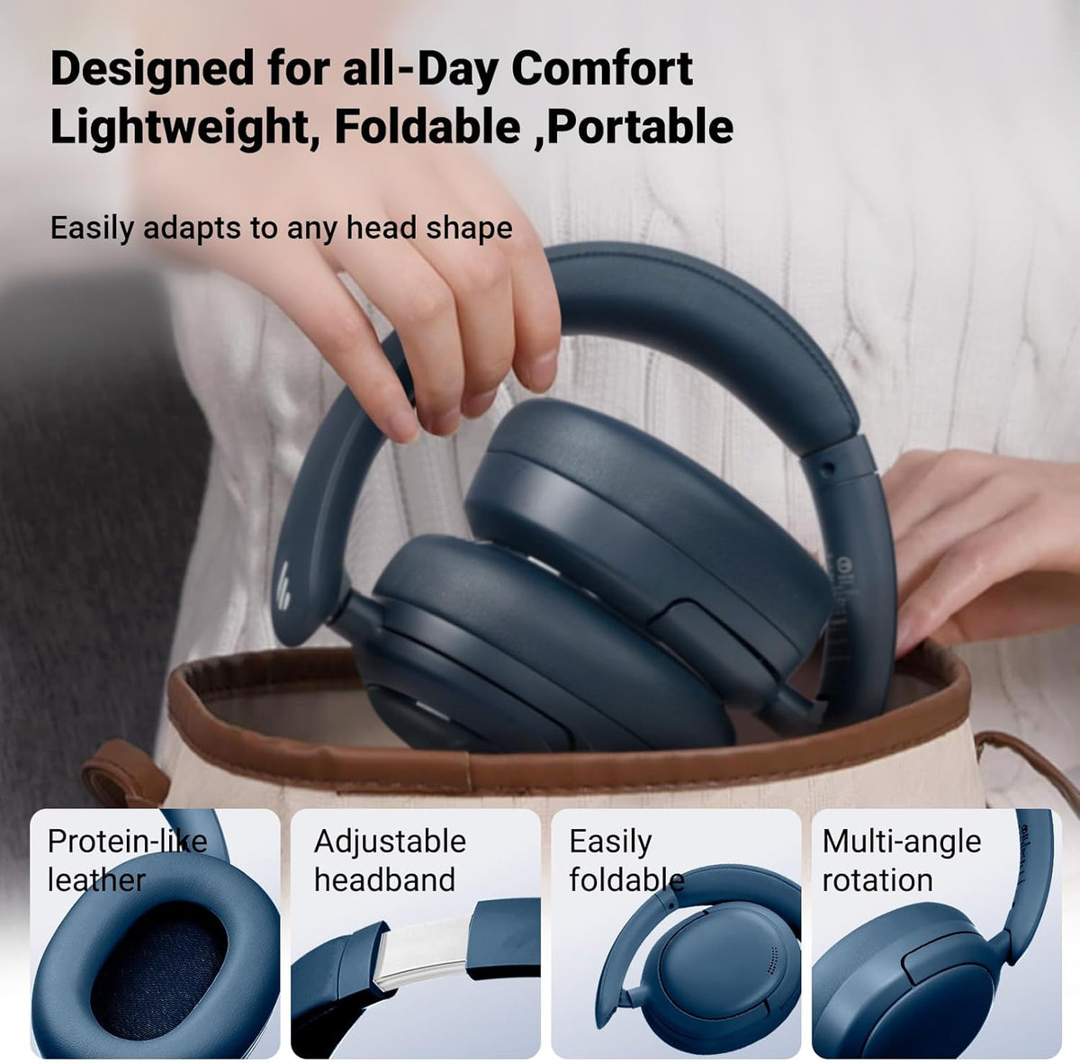 Edifier V80 Hybrid Active Noise Cancelling Bluetooth Headphones, Wireless Over Ear Headset with 45H Playtime, Wired Hi-Res Audio Fast Charging Multipoint Connection for Home Travel Office - Navy Blue - PuriLite