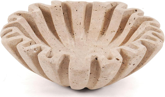 Handmade Travertine Decorative Bowl | Ruffle Stone Bowl | Scalloped Key Bowl | Entryway Accent Bowl | Table Centerpiece Bowl - PuriLite