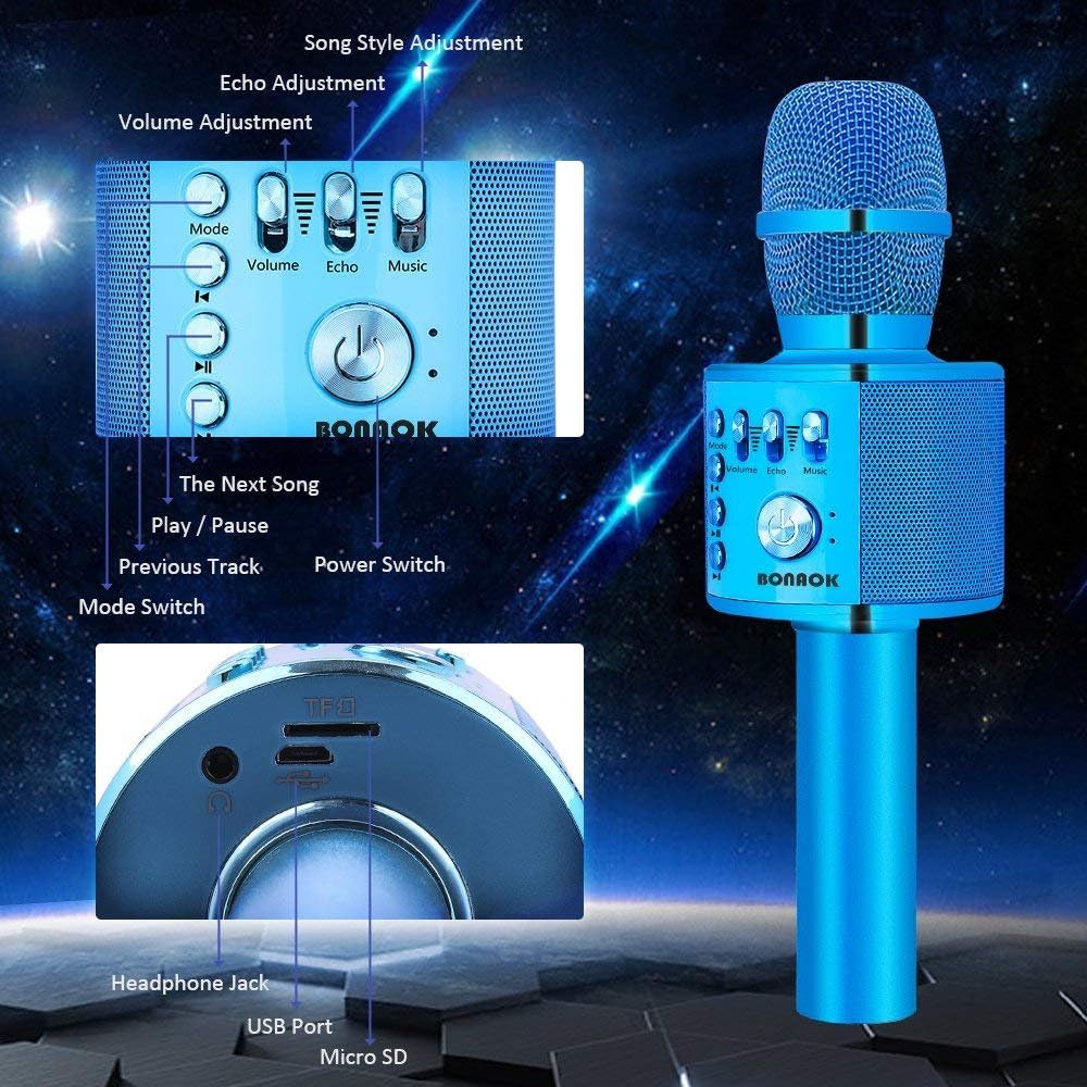BONAOK Wireless Bluetooth Karaoke Microphone,3-in-1 Portable Instrument Wireless Microphone Mic Speaker Machine Home Party Birthday for All Smartphones（Black） - PuriLite