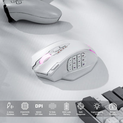 Redragon M913 Impact Elite Wireless Gaming Mouse, 16,000 DPI Wired/Wireless RGB Mouse with 16 Programmable Buttons, 45 Hr Battery and Pro Optical Sensor, 12 Side Buttons MMO Mouse - PuriLite