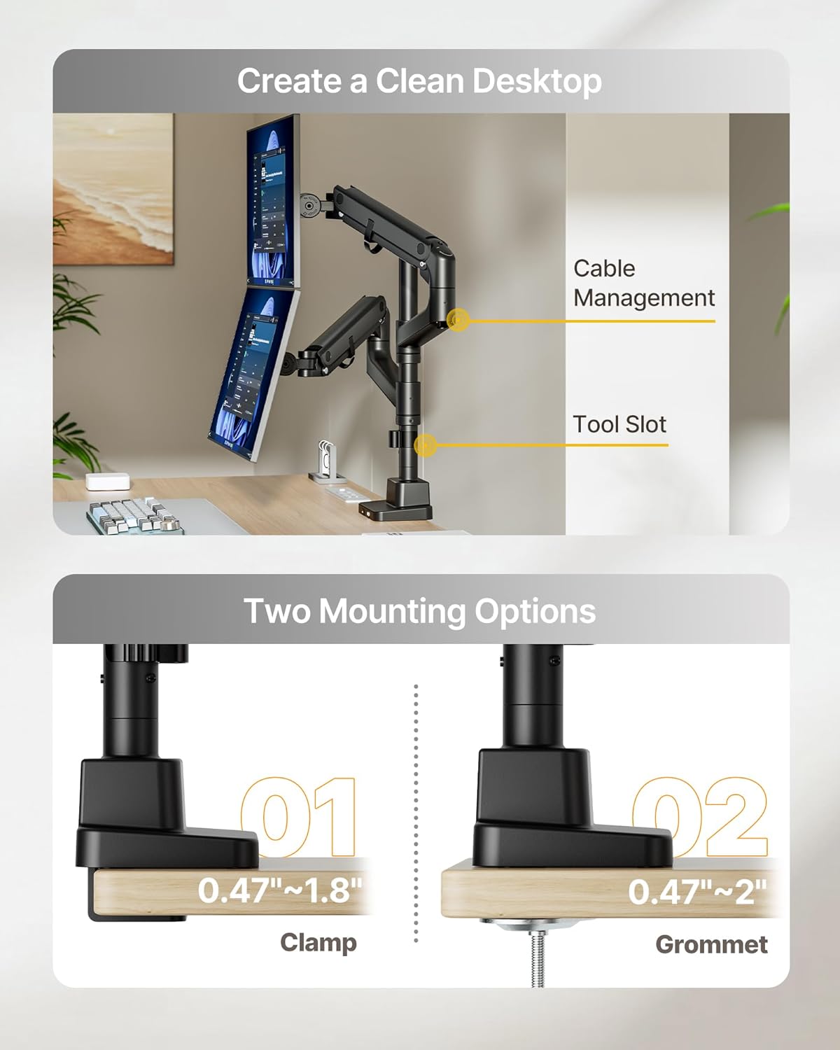 monTEK 17-57 Inch Dual Ultrawide Monitor Arm for Up to 59.4lbs Screen, Aluminum Heavy-Duty Gas Spring Vertical Stackable Curved Screen Adjustable Monitor Stand,75/100mm Vesa Mount, Black - PuriLite