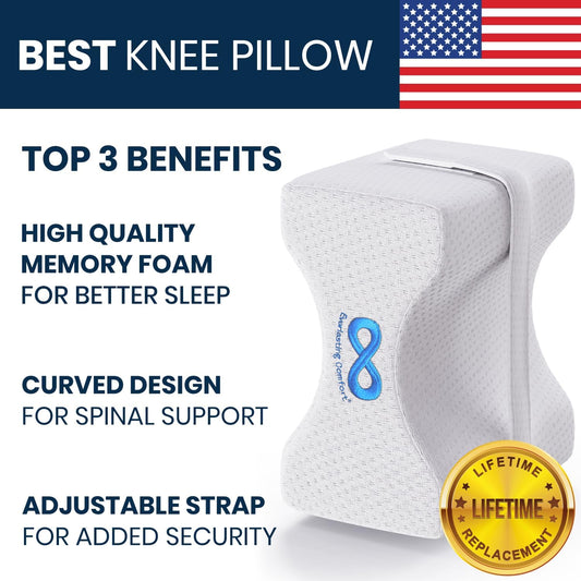 Memory Foam Knee Pillow for Side Sleepers with Adjustable Strap, Ergonomic Leg Support Pillow for Sleeping, Compact Knee Cushion with Washable Cover - PuriLite
