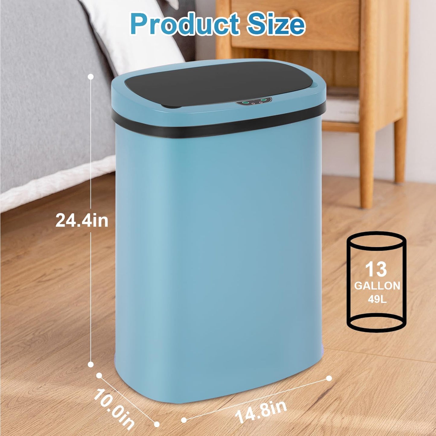 13 Gallon 50 Liter Garbage Can Kitchen Trash Can with Lid Automatic Sensor Touch Free Stainless Steel Waste Bin for Bathroom Bedroom Home Office,Black - PuriLite