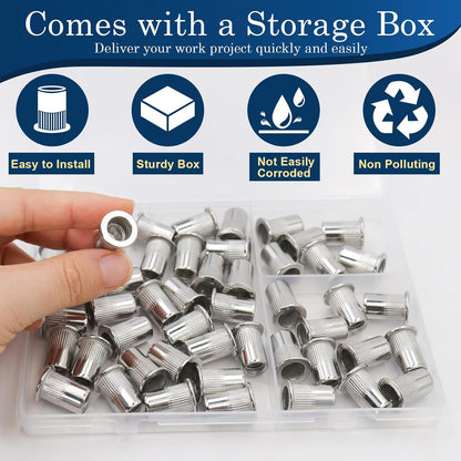 Vifmy Metric & SAE Rivet Nut Assortment Kit(420 Pcs),m3 m4 m5 m6 m8 m10 m12#6-32#8-32#10-24 1/4"-20 5/16"-18 3/8"-16 UNC Flat Head Rivnut Set,Zinc Plated Finish Carbon Steel Nutsert - PuriLite