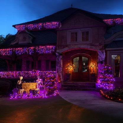 Haili Halloween Lights Outdoor, 105 FT 300 LED Halloween String Lights with Memory Function, Plug in 8 Mode String Lights for Halloween,Christmas,Party, Patio, House Decoration (Purple Orange) - PuriLite